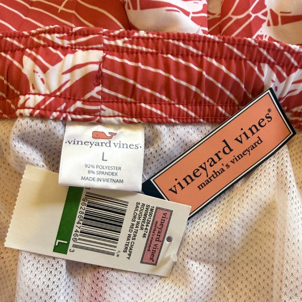 Vineyard Vines Swim Trunks Mens LARGE 7” Pink Printed Drawstring Sail Boats Fish - Picture 7 of 8